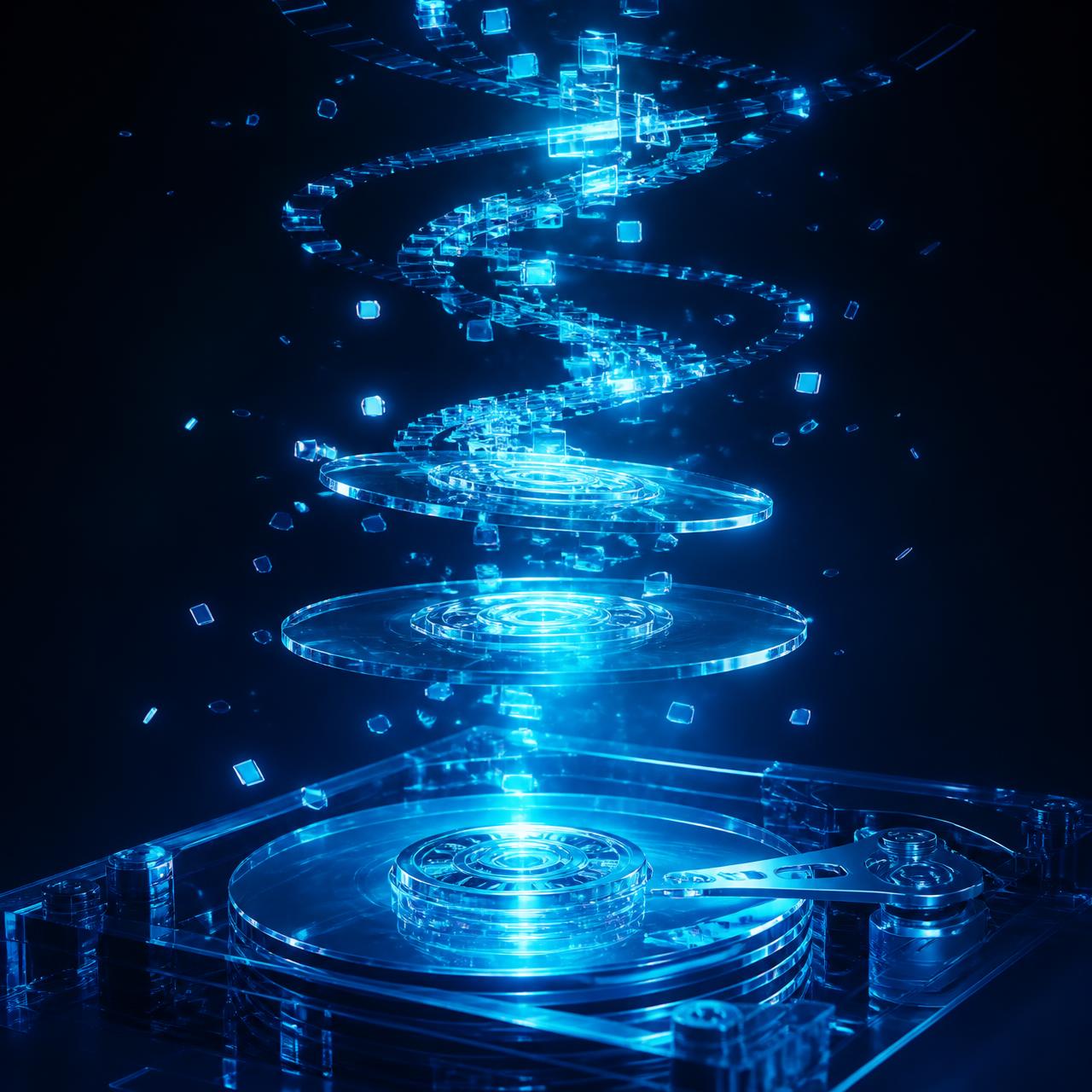 Glowing hard drive platters with data spiralling upward